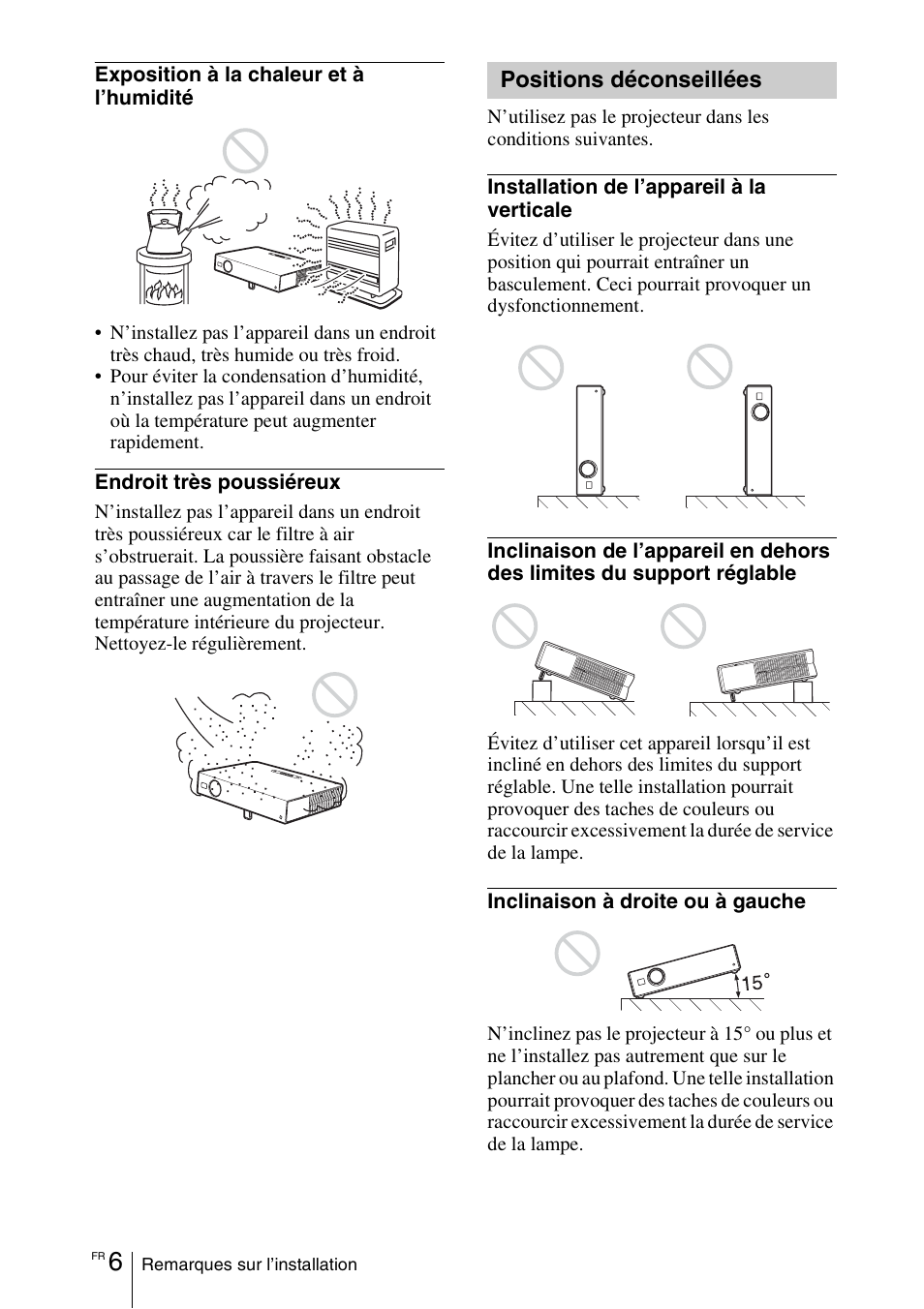 Positions déconseillées | Sony VPL-EX1 User Manual | Page 60 / 164