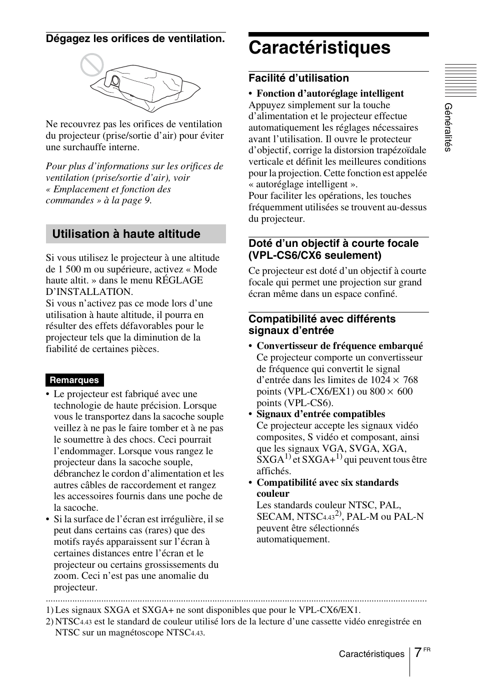 Utilisation à haute altitude, Caractéristiques | Sony VPL-EX1 User Manual | Page 61 / 164