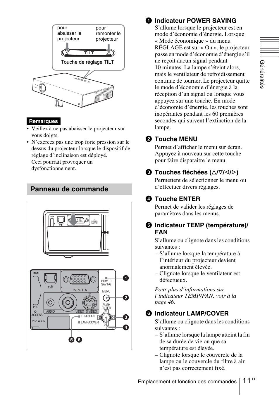 Panneau de commande, 1indicateur power saving, 2touche menu | 3touches fléchées ( f / f / g / g ), 4touche enter, 5indicateur temp (température)/ fan, 6indicateur lamp/cover | Sony VPL-EX1 User Manual | Page 65 / 164