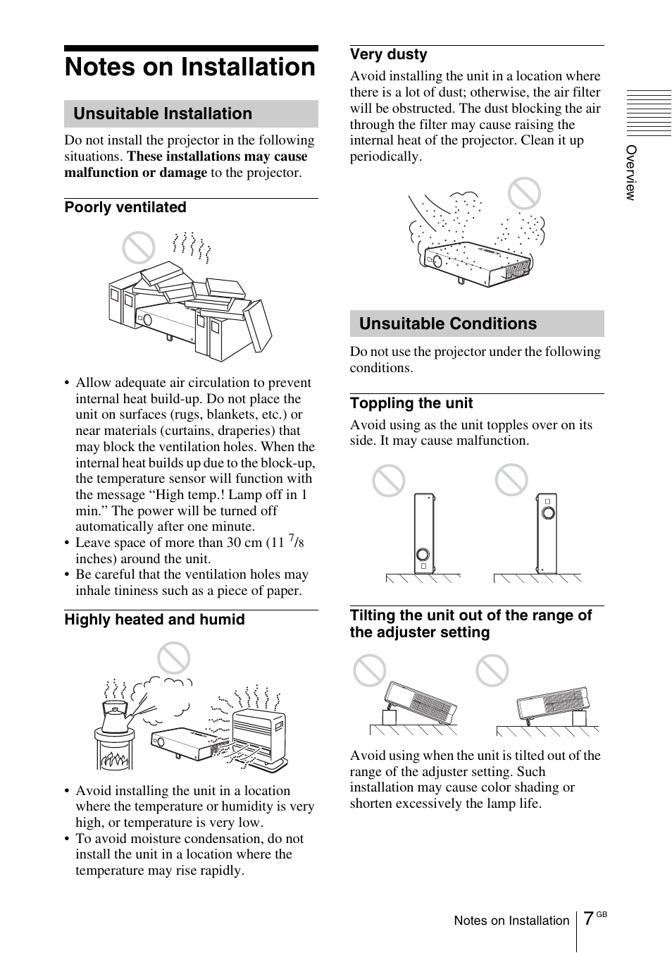 Notes on installation, Unsuitable installation, Unsuitable conditions | Sony VPL-EX1 User Manual | Page 7 / 164