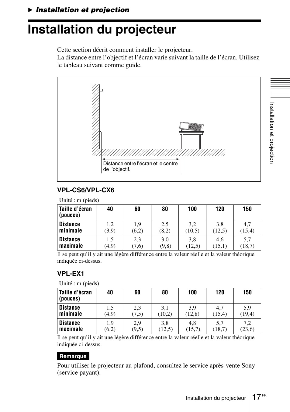 Installation et projection, Installation du projecteur | Sony VPL-EX1 User Manual | Page 71 / 164
