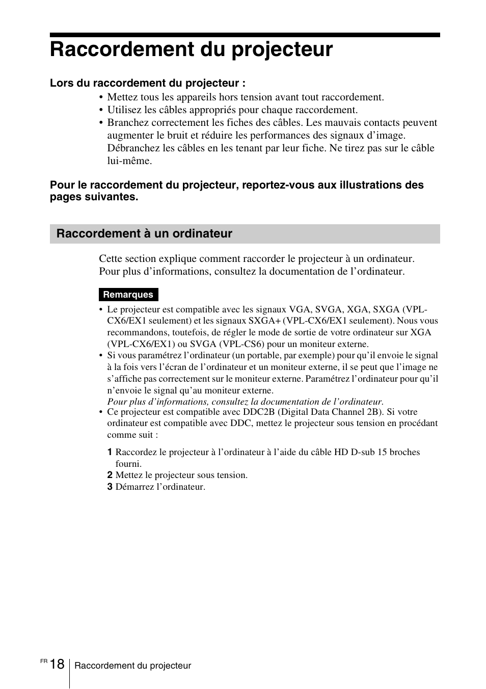 Raccordement du projecteur, Raccordement à un ordinateur | Sony VPL-EX1 User Manual | Page 72 / 164