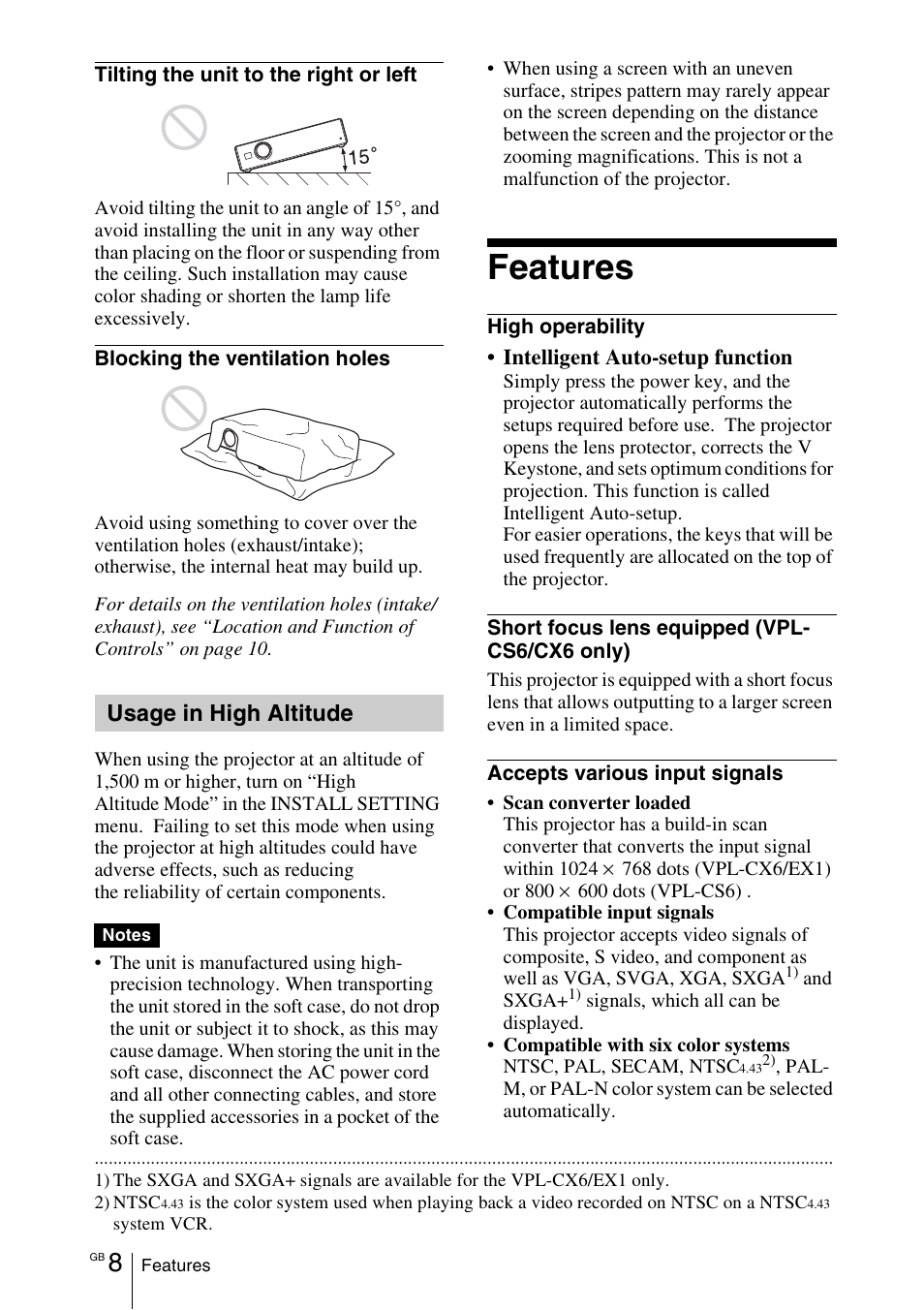 Usage in high altitude, Features | Sony VPL-EX1 User Manual | Page 8 / 164