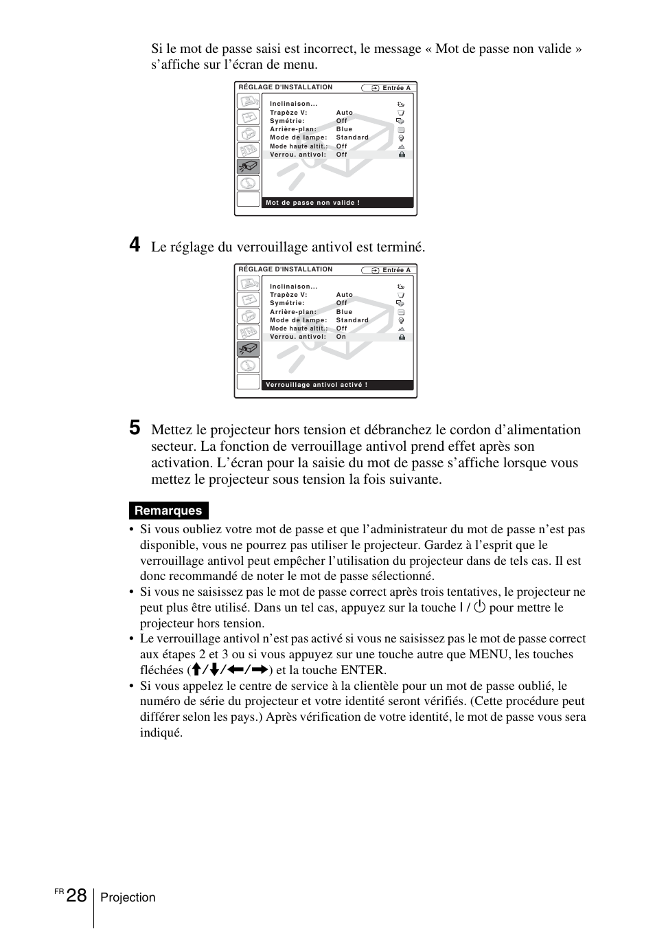 Le réglage du verrouillage antivol est terminé | Sony VPL-EX1 User Manual | Page 82 / 164