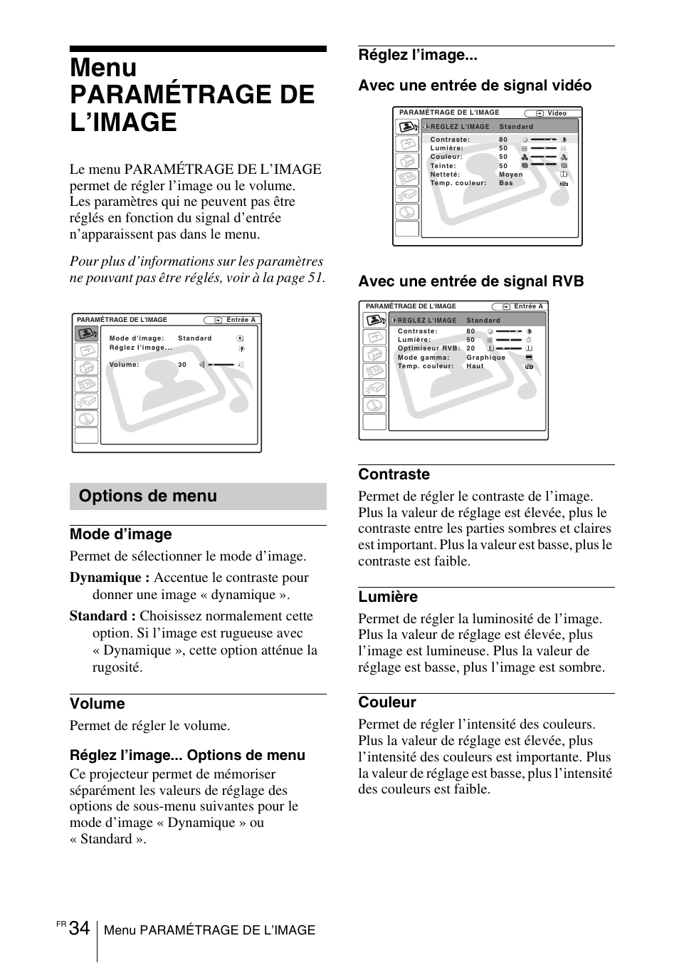 Menu paramétrage de l’image, Options de menu, Mode d’image | Volume, Lumière, Couleur | Sony VPL-EX1 User Manual | Page 88 / 164