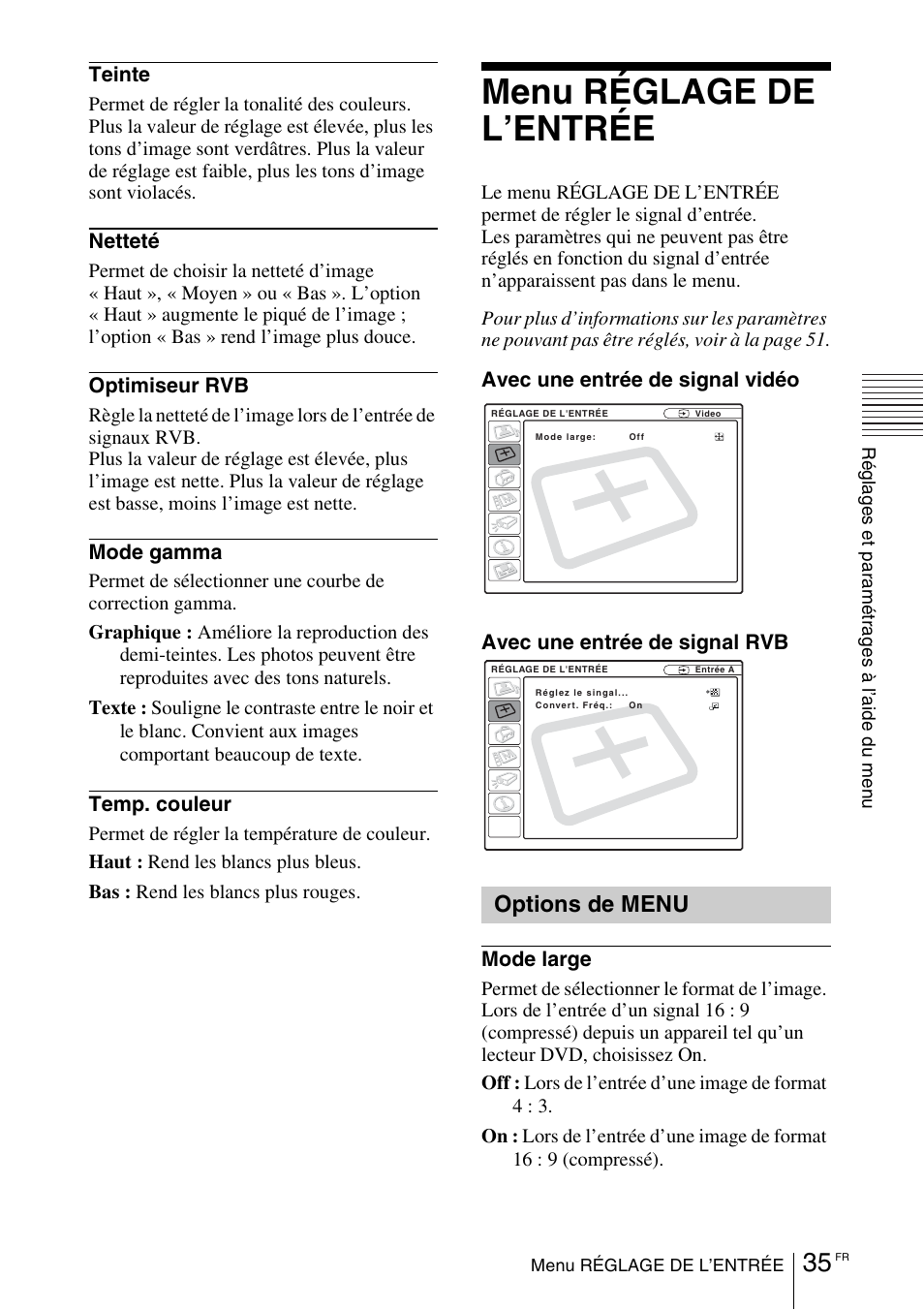 Menu réglage de l’entrée, Options de menu | Sony VPL-EX1 User Manual | Page 89 / 164