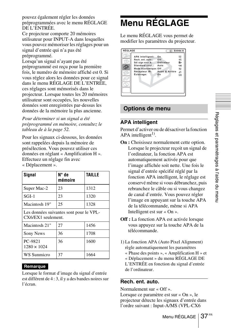 Menu réglage, Options de menu | Sony VPL-EX1 User Manual | Page 91 / 164