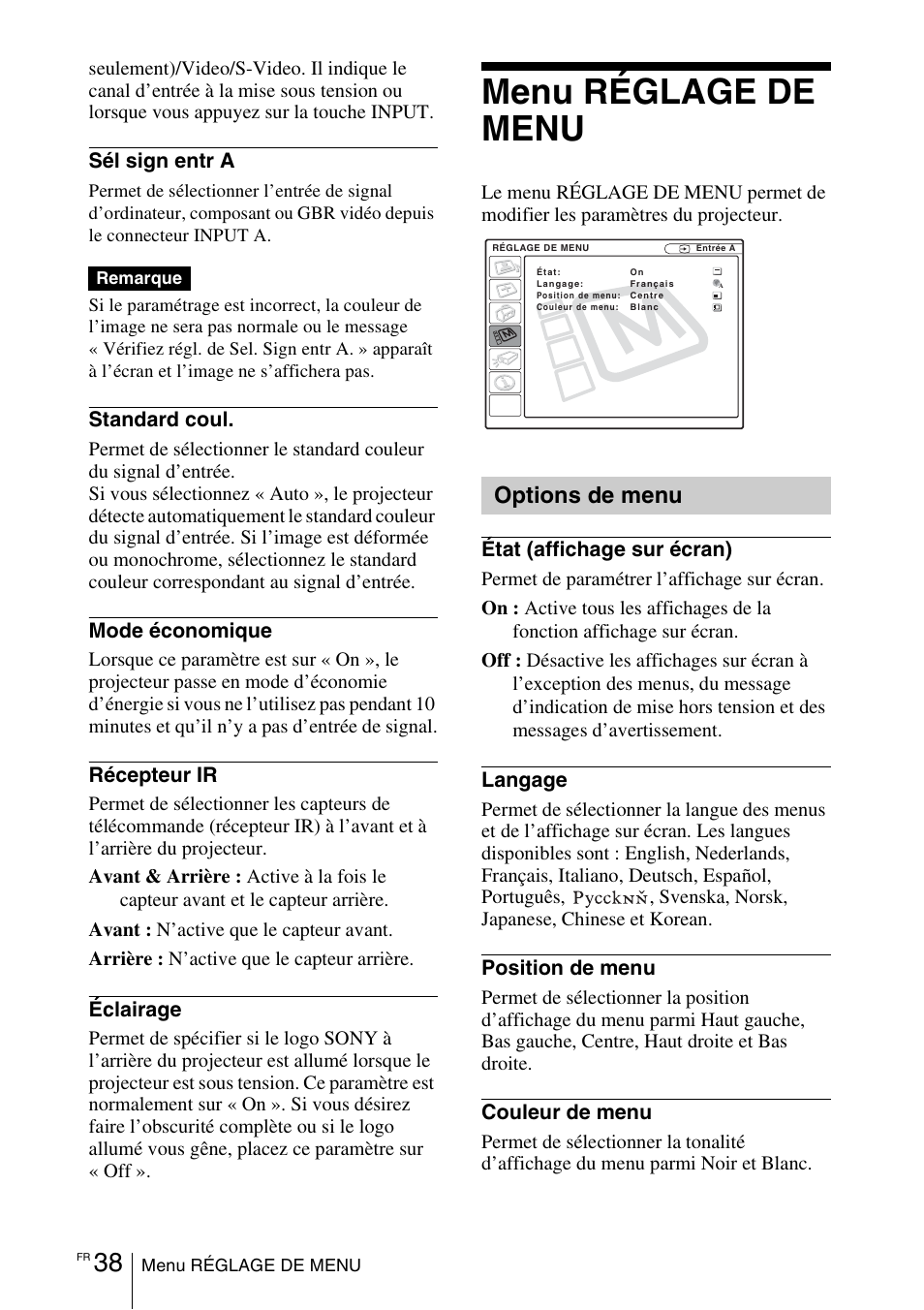 Menu réglage de menu, Options de menu | Sony VPL-EX1 User Manual | Page 92 / 164
