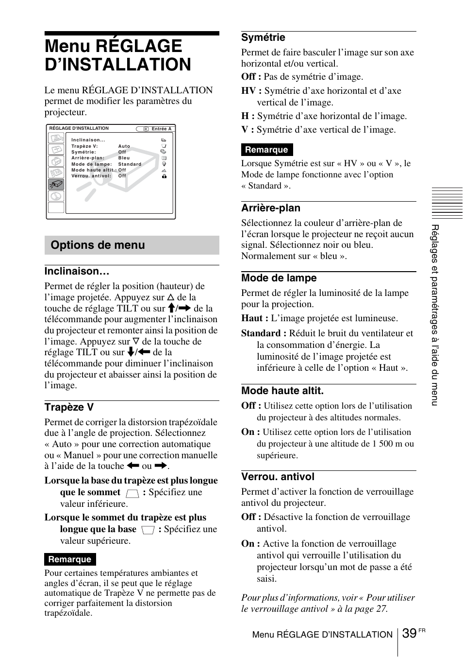 Menu réglage d’installation, Options de menu | Sony VPL-EX1 User Manual | Page 93 / 164