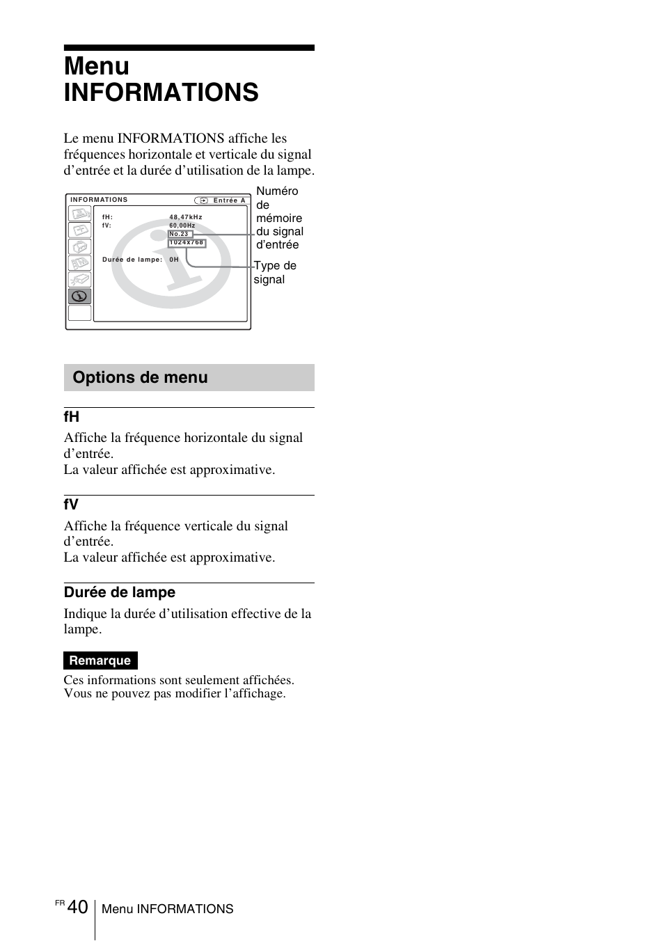 Menu informations, Options de menu | Sony VPL-EX1 User Manual | Page 94 / 164