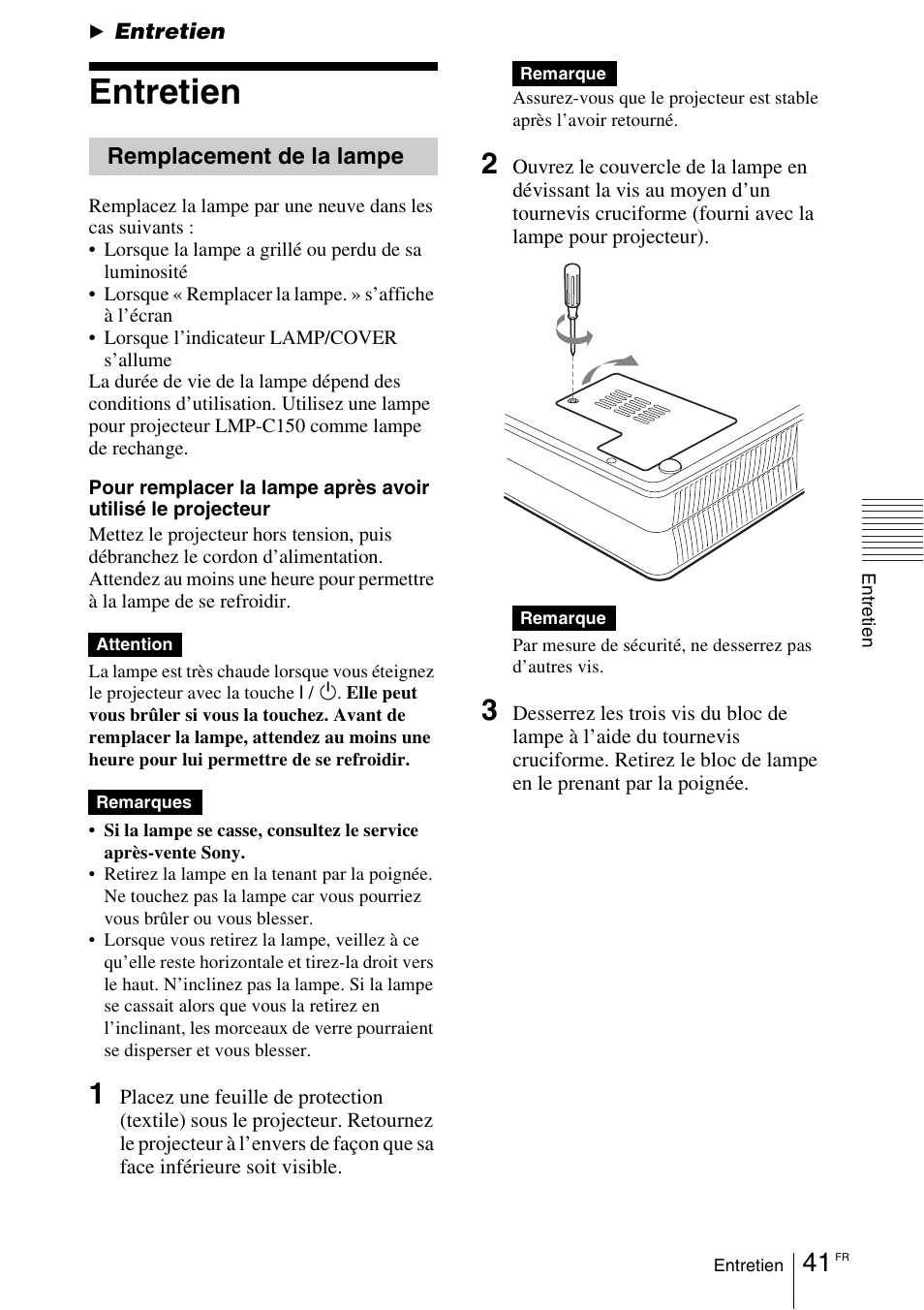 Entretien, Remplacement de la lampe | Sony VPL-EX1 User Manual | Page 95 / 164
