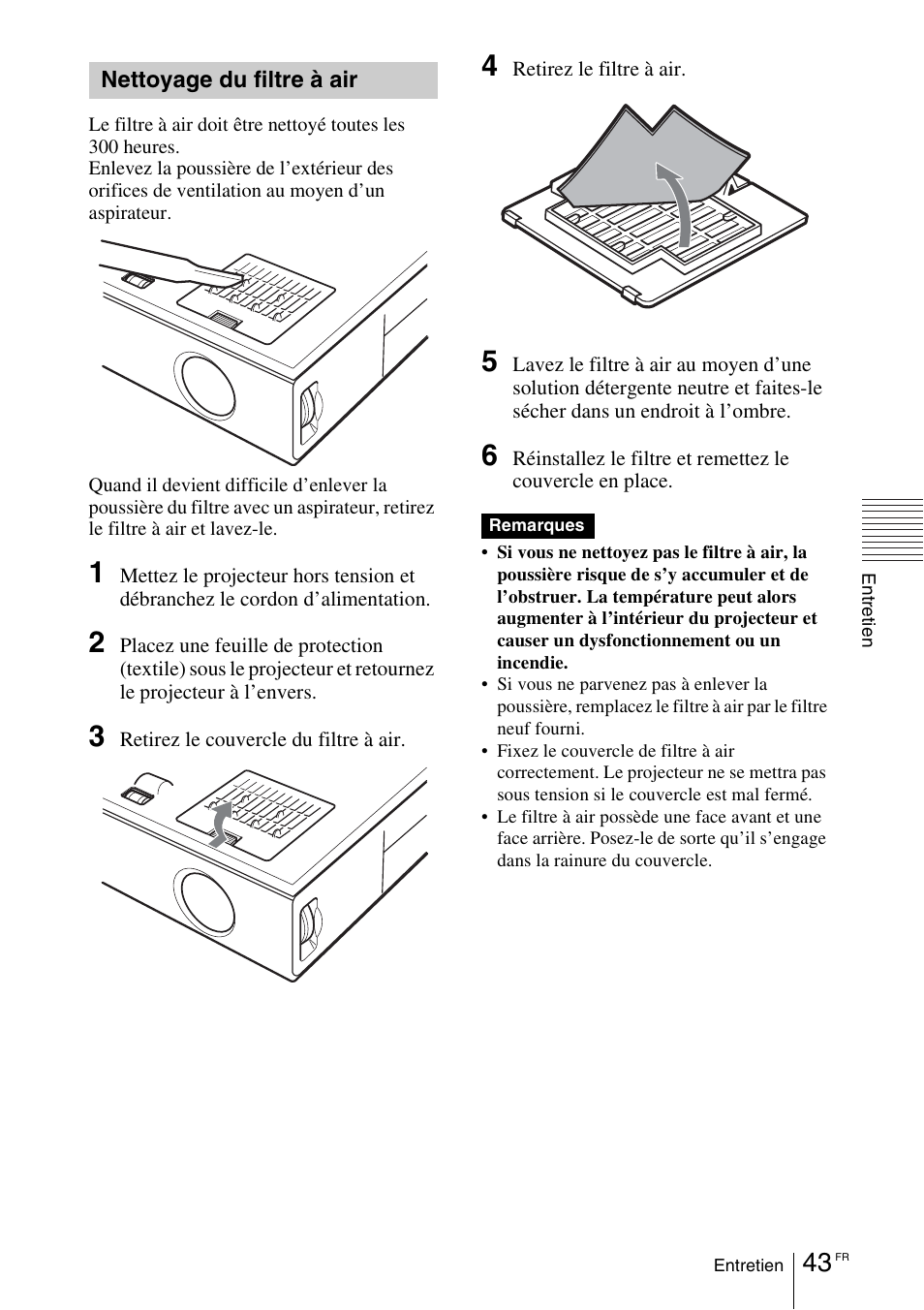 Nettoyage du filtre à air | Sony VPL-EX1 User Manual | Page 97 / 164