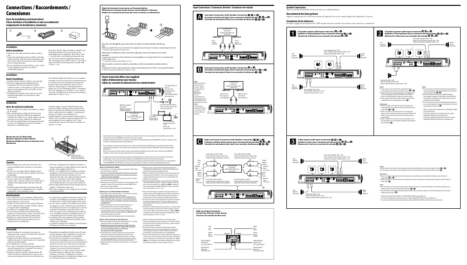 Connections / raccordements / conexiones, Speaker connections, Raccordement des haut-parleurs | Conexiones de los altavoces, Installation, Instalación, Cautions, Avertissement, Precaución, Before installation | Sony XM-ZR4A User Manual | Page 2 / 2