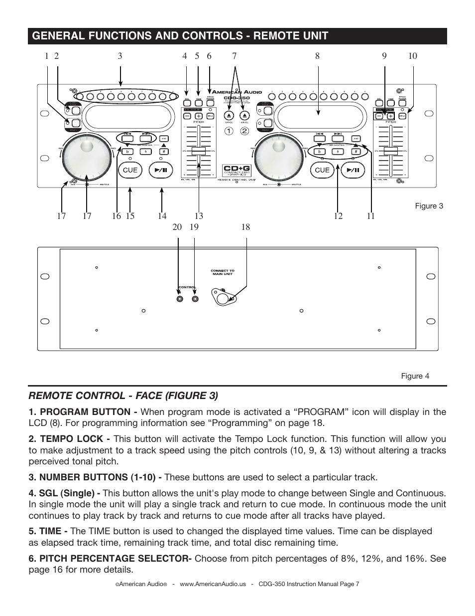 General functions and controls - remote unit | American Audio CDG-350 User Manual | Page 7 / 24