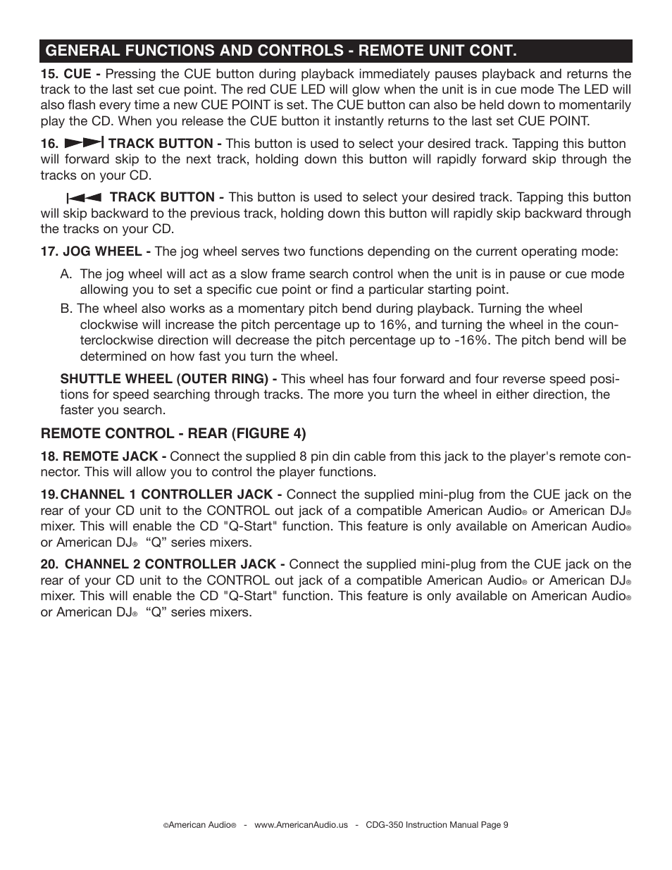 General functions and controls - remote unit cont, Remote control - rear (figure 4) | American Audio CDG-350 User Manual | Page 9 / 24