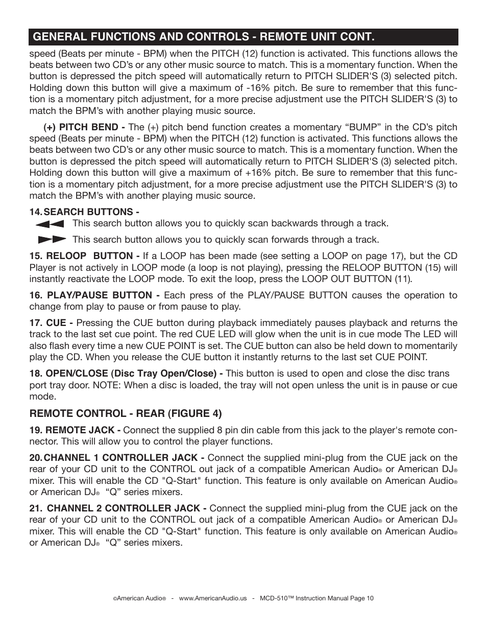General functions and controls - remote unit cont, Remote control - rear (figure 4) | American Audio MCD-510 User Manual | Page 10 / 24