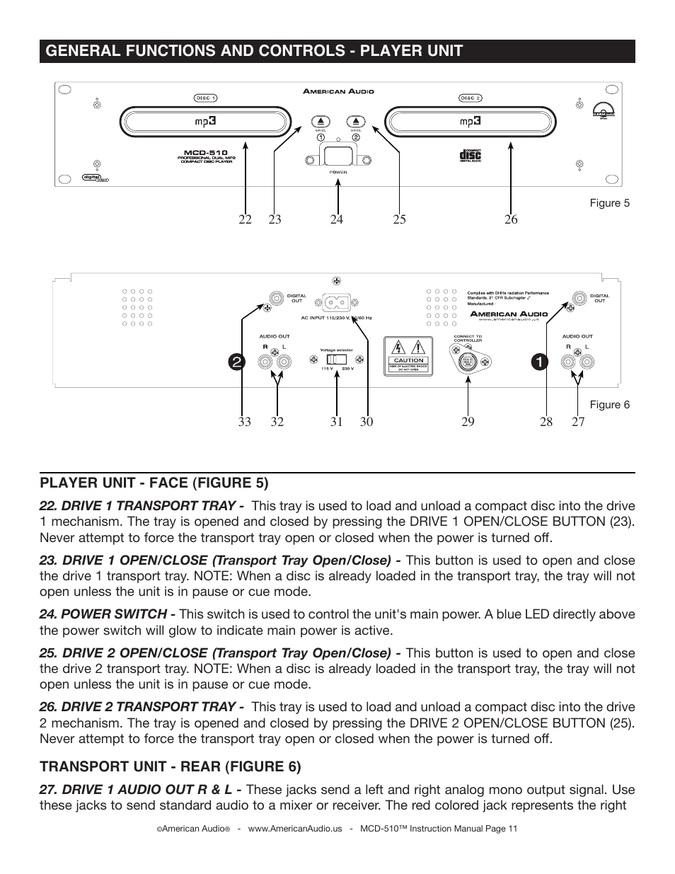 General functions and controls - player unit | American Audio MCD-510 User Manual | Page 11 / 24