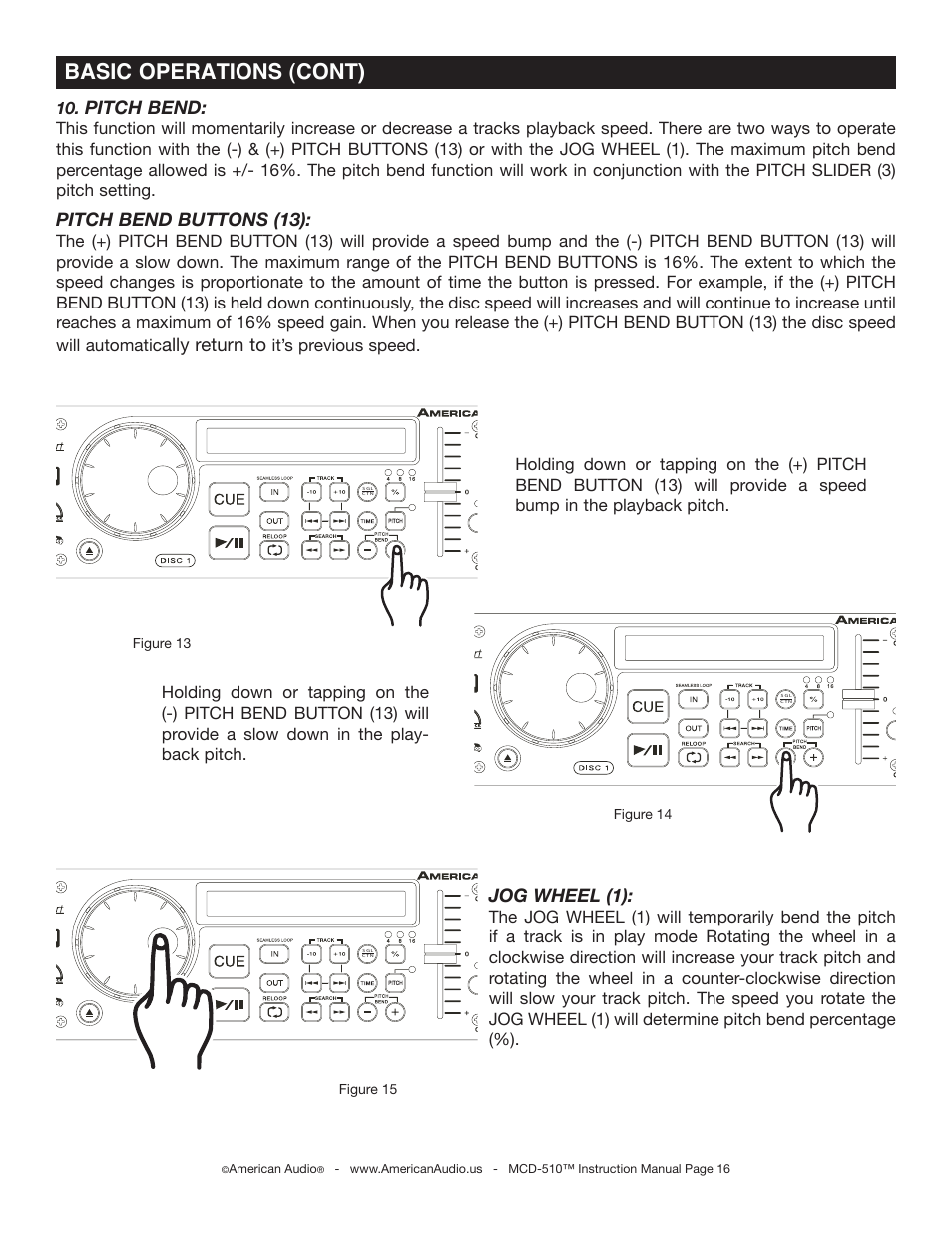 Basic operations (cont), Pitch bend, Pitch bend buttons (13) | Ally return to, Jog wheel (1), Figure 14 figure 15, Figure 13 | American Audio MCD-510 User Manual | Page 16 / 24