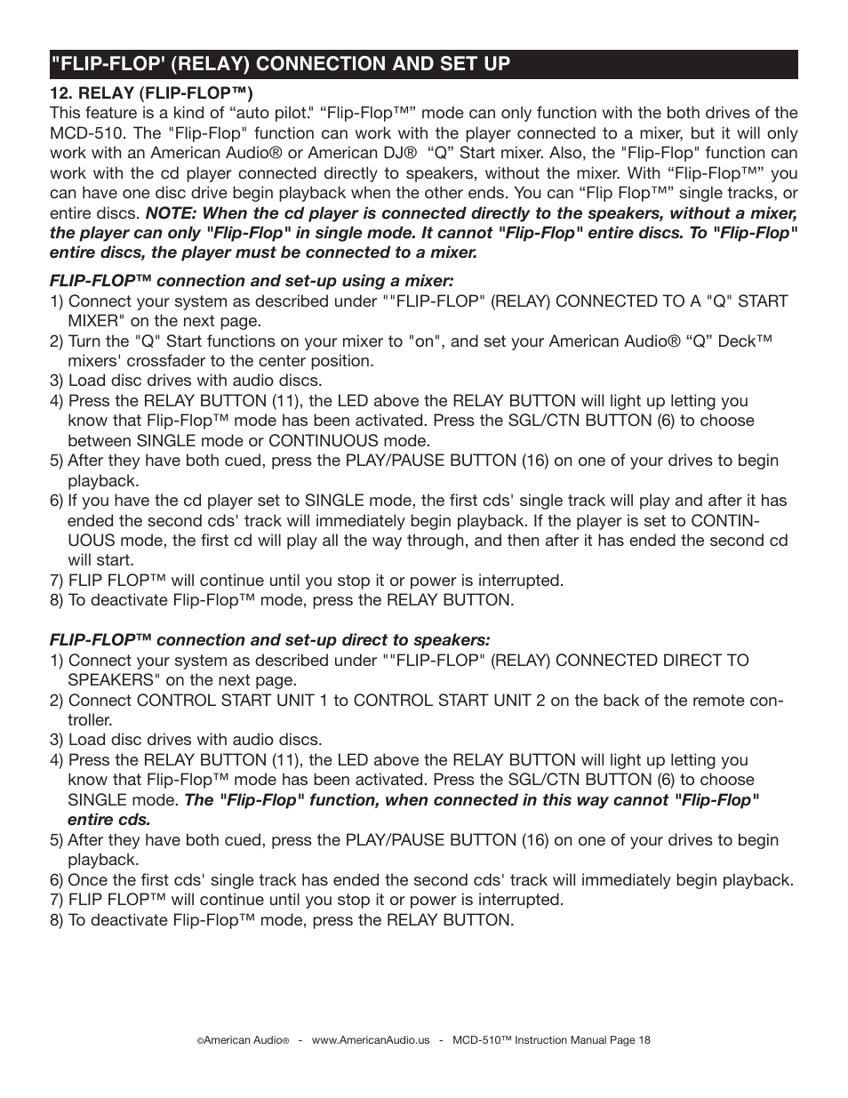 Flip-flop' (relay) connection and set up | American Audio MCD-510 User Manual | Page 18 / 24
