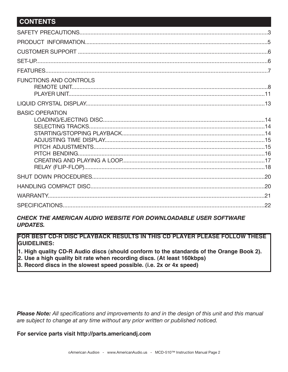 American Audio MCD-510 User Manual | Page 2 / 24