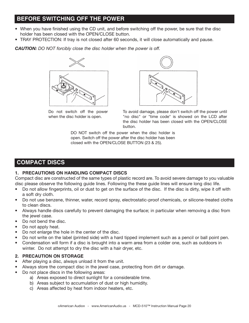 Compact discs, Before switching off the power | American Audio MCD-510 User Manual | Page 20 / 24