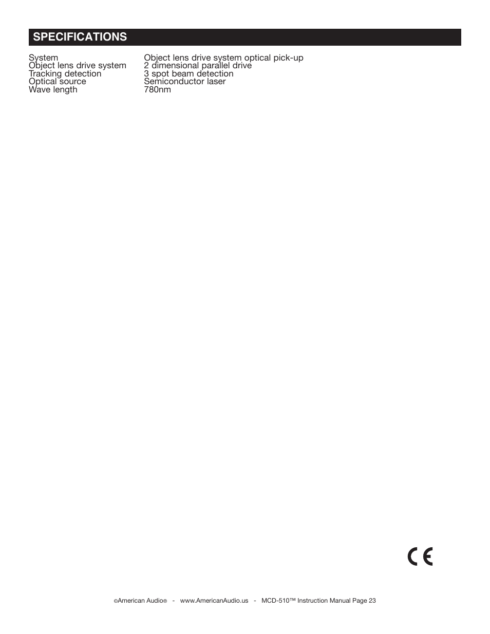 Specifications | American Audio MCD-510 User Manual | Page 23 / 24