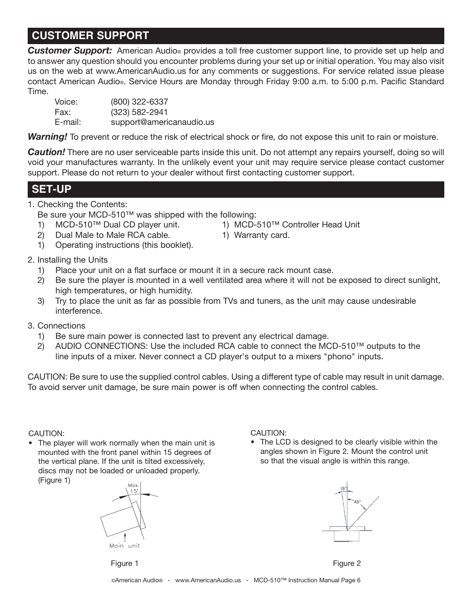 Set-up, Customer support | American Audio MCD-510 User Manual | Page 6 / 24