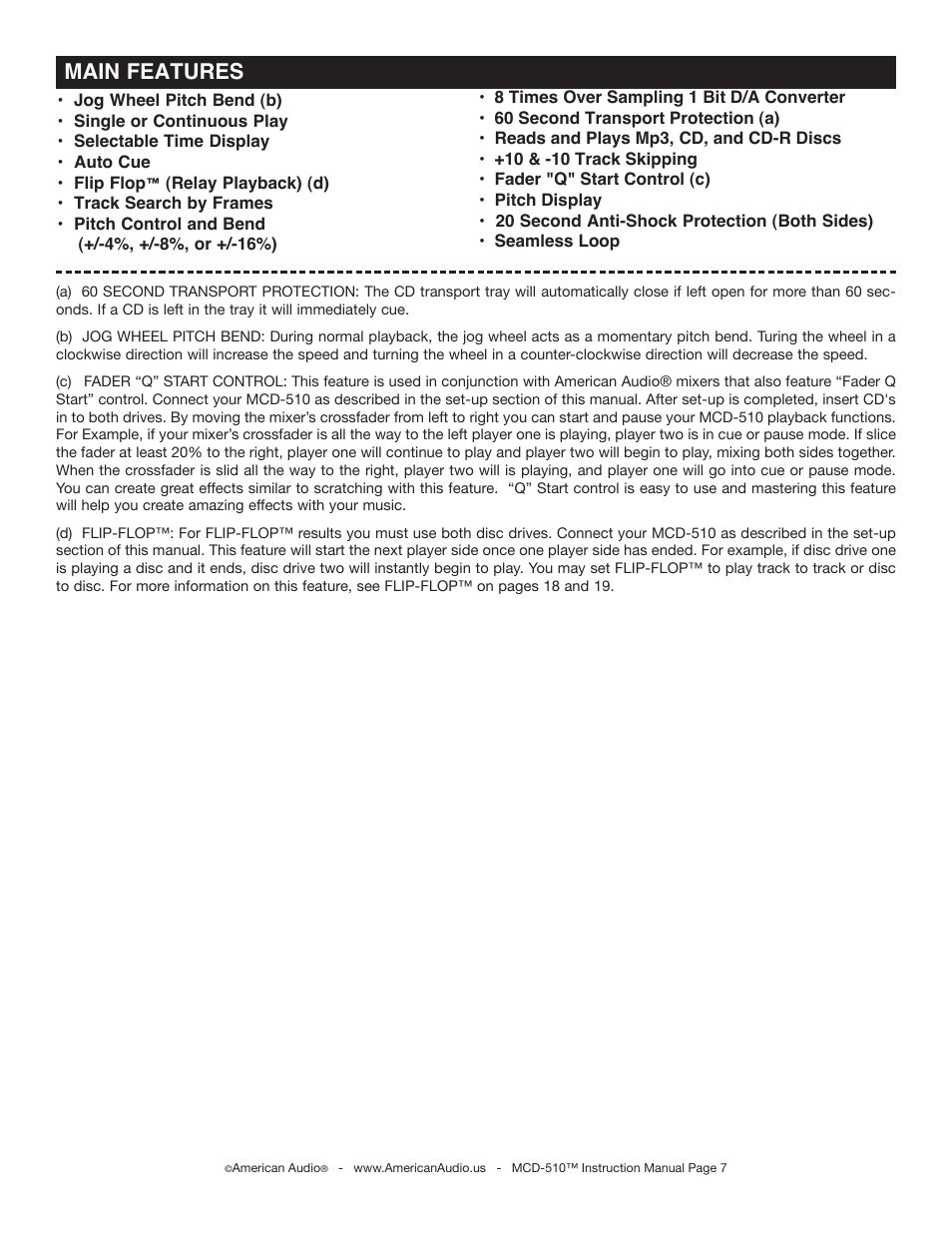 Main features | American Audio MCD-510 User Manual | Page 7 / 24