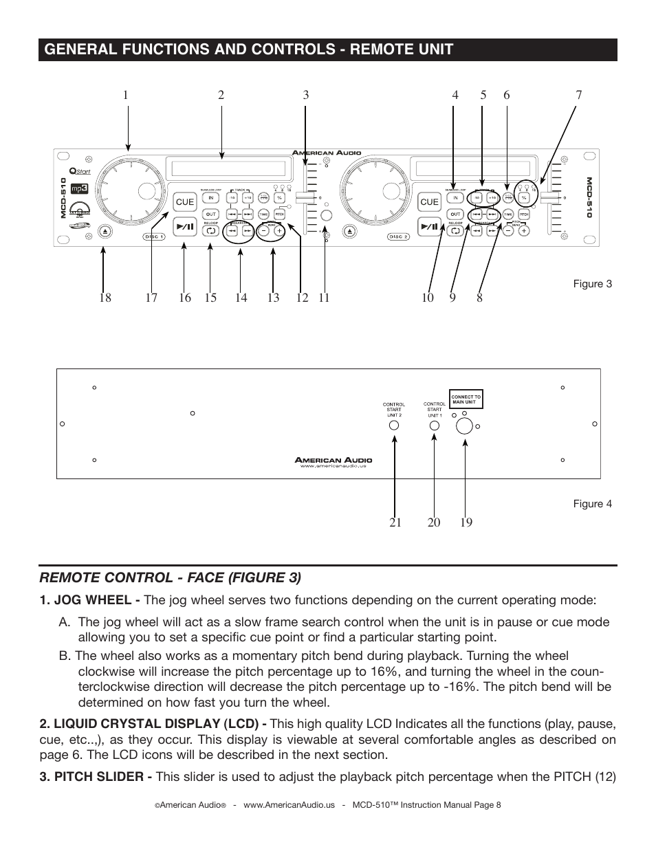 General functions and controls - remote unit, Remote control - face (figure 3) | American Audio MCD-510 User Manual | Page 8 / 24