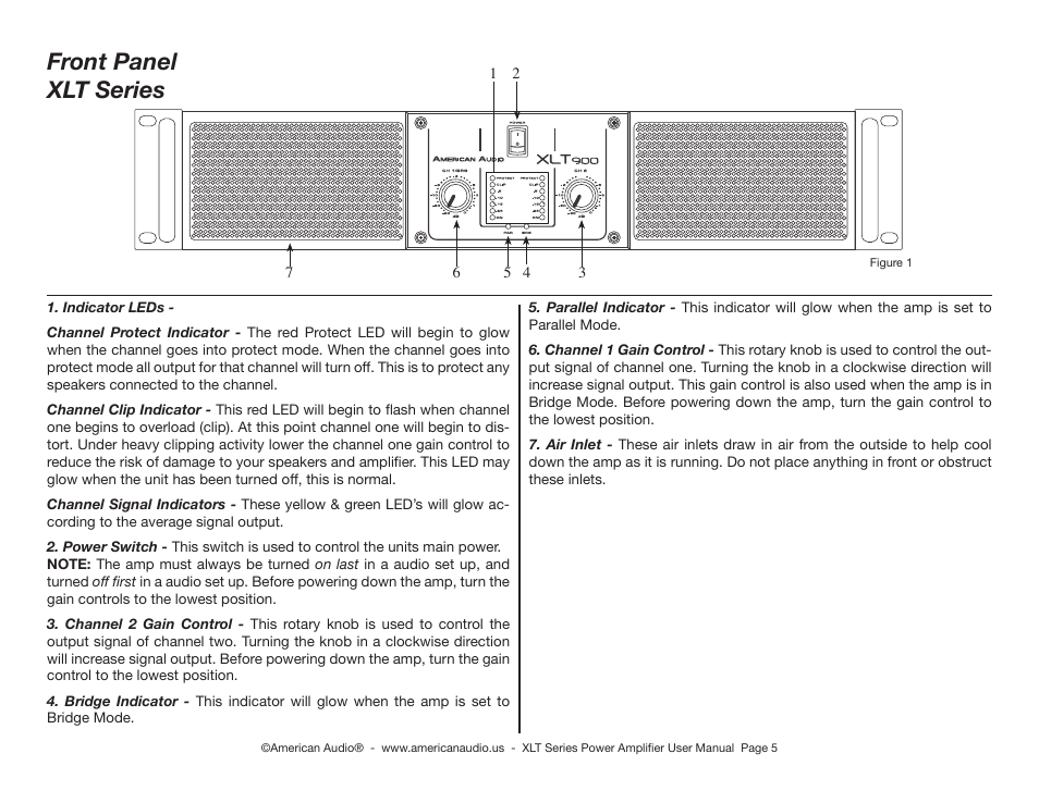 Front panel xlt series | American Audio XLT2000 User Manual | Page 5 / 20