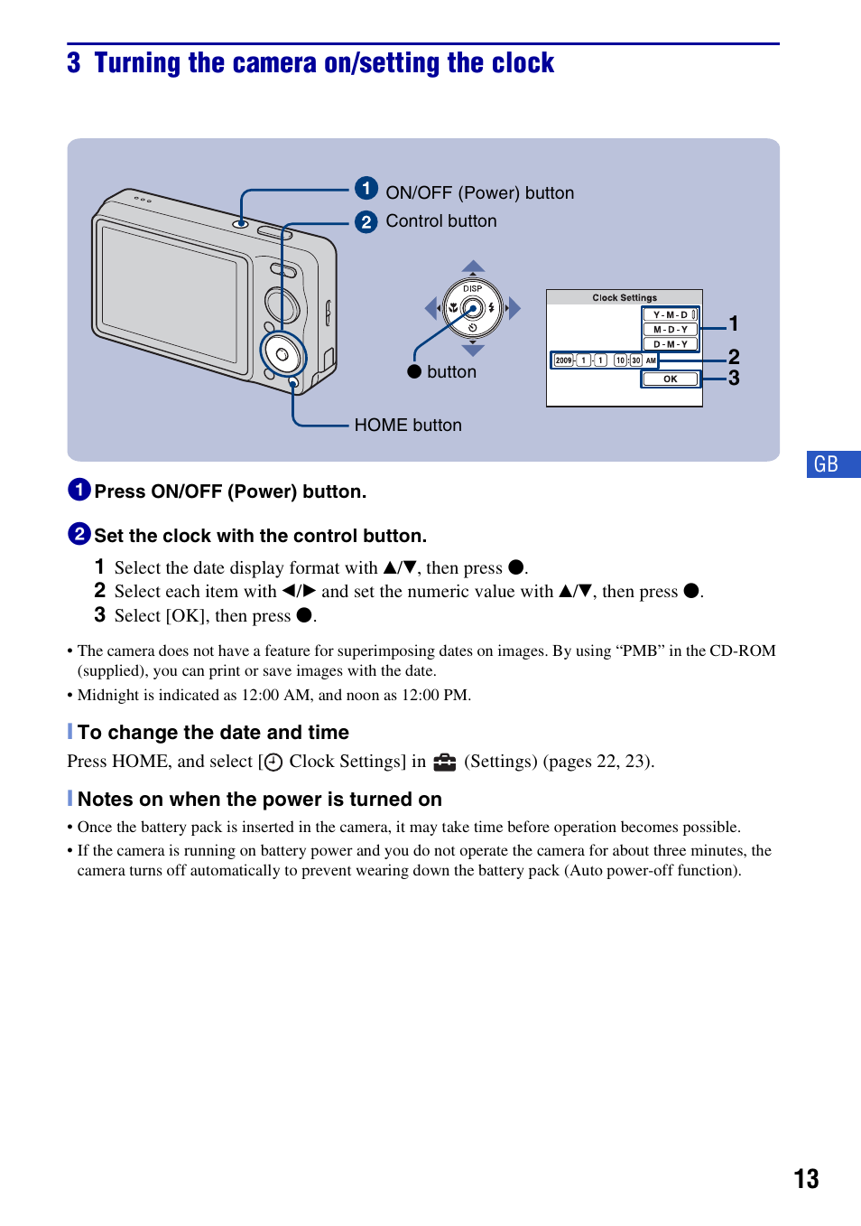 3 turning the camera on/setting the clock | Sony DSC-W230 User Manual | Page 13 / 80