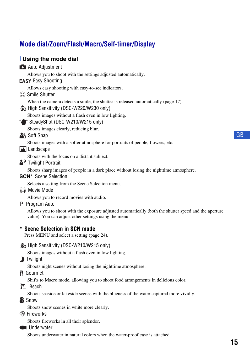 Mode dial/zoom/flash/macro/self-timer/display | Sony DSC-W230 User Manual | Page 15 / 80