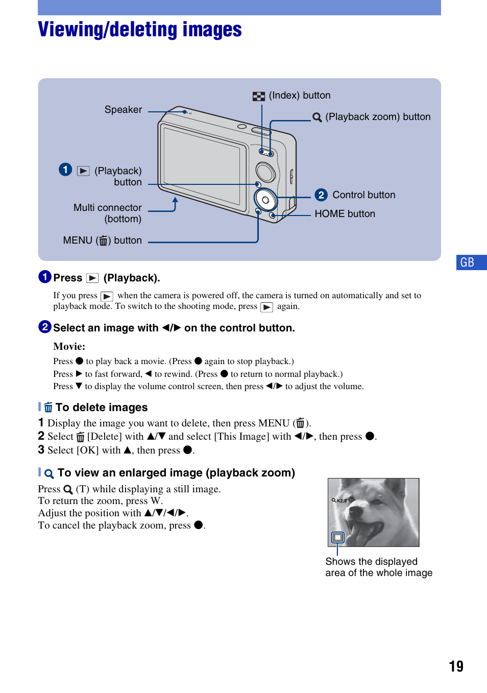 Viewing/deleting images | Sony DSC-W230 User Manual | Page 19 / 80