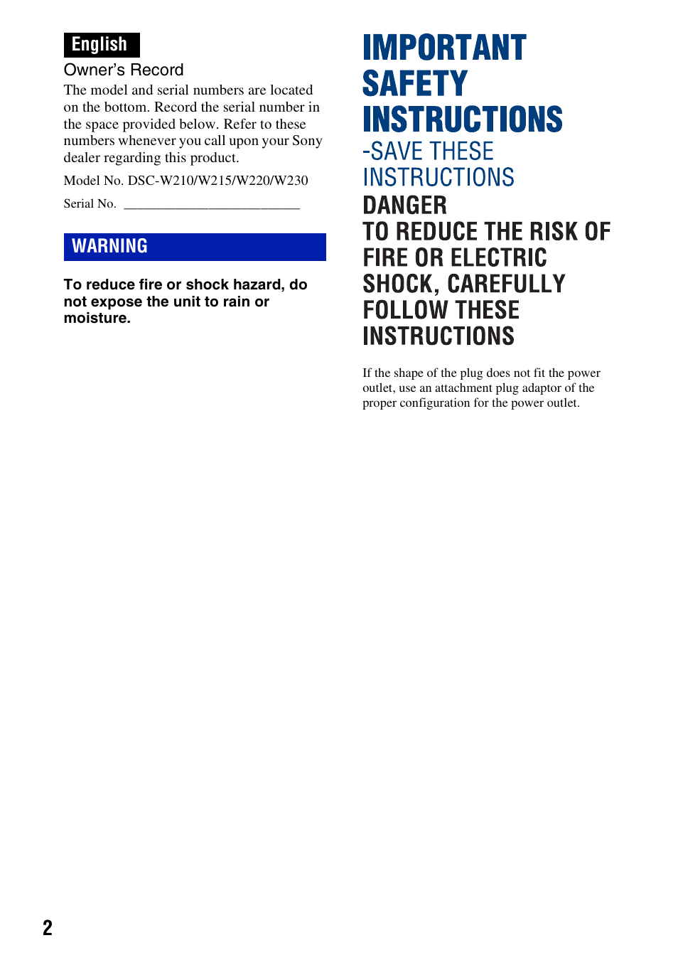 English, English warning | Sony DSC-W230 User Manual | Page 2 / 80