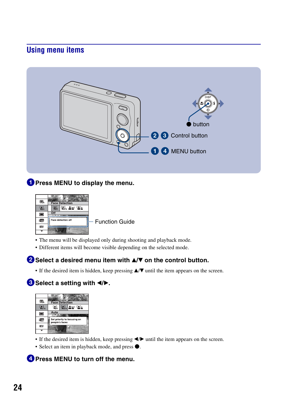 Using menu items, Using menu items 1 | Sony DSC-W230 User Manual | Page 24 / 80