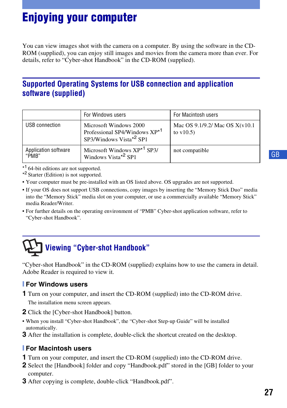 Enjoying your computer, Viewing “cyber-shot handbook | Sony DSC-W230 User Manual | Page 27 / 80