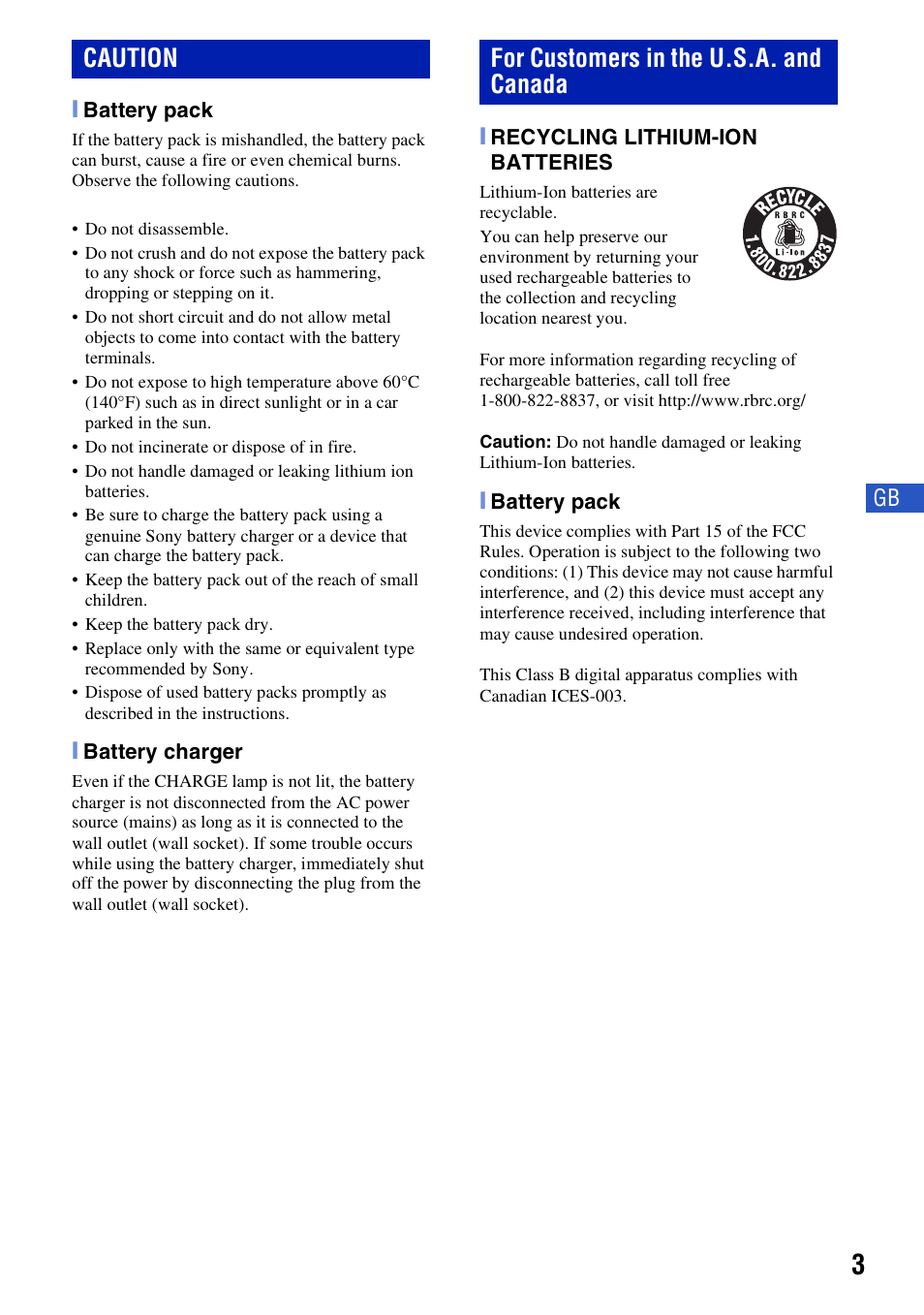 Caution for customers in the u.s.a. and canada | Sony DSC-W230 User Manual | Page 3 / 80