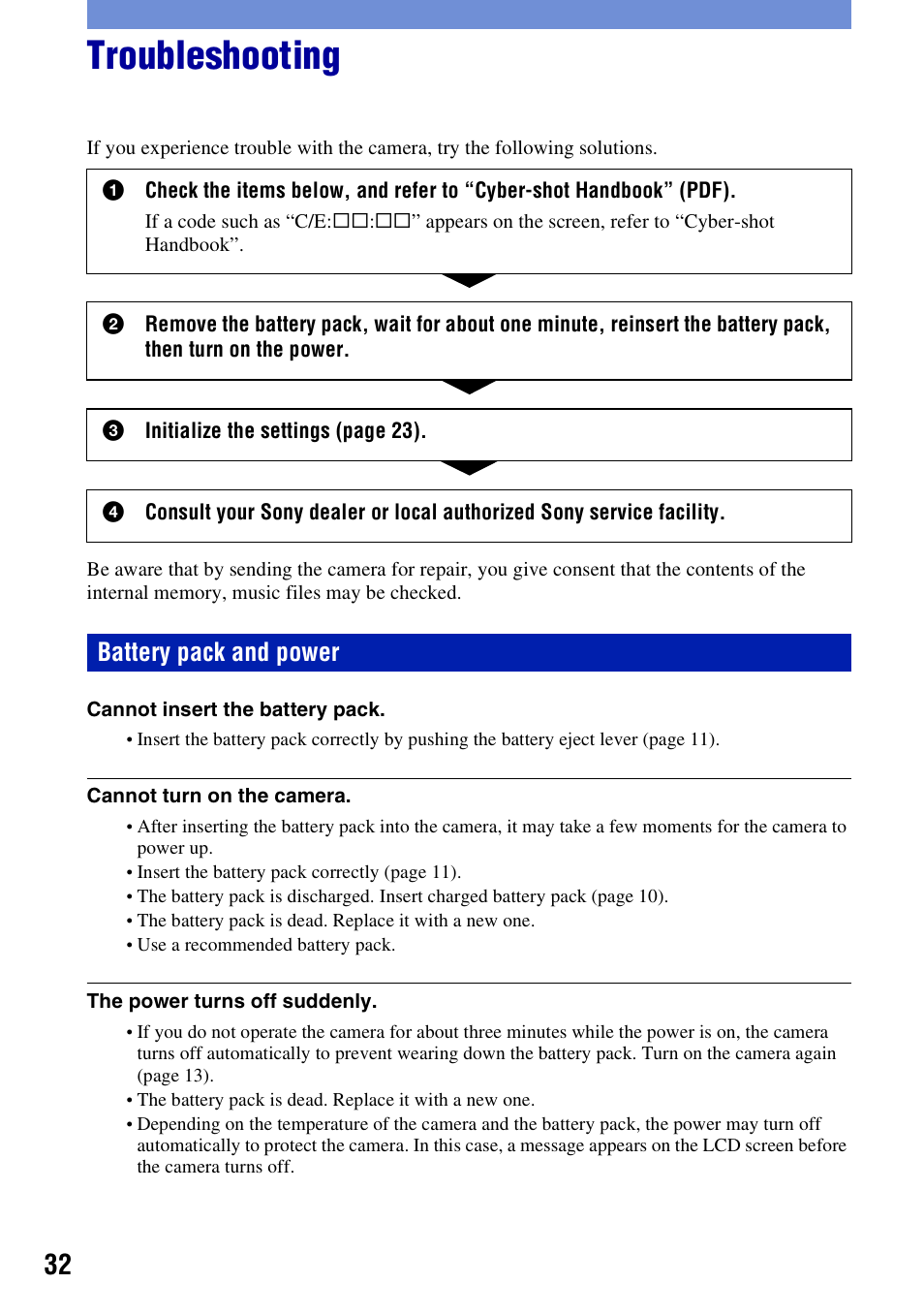 Troubleshooting, Battery pack and power | Sony DSC-W230 User Manual | Page 32 / 80