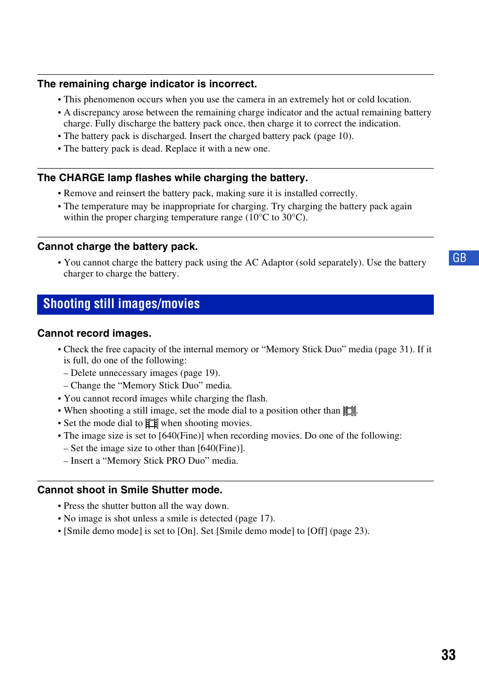Shooting still images/movies | Sony DSC-W230 User Manual | Page 33 / 80