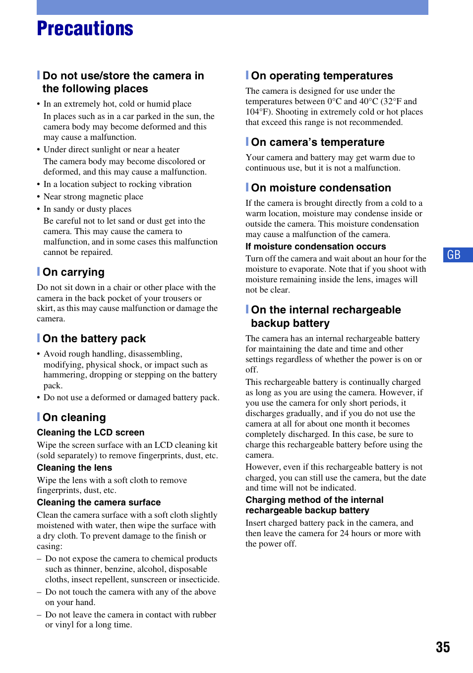 Precautions | Sony DSC-W230 User Manual | Page 35 / 80