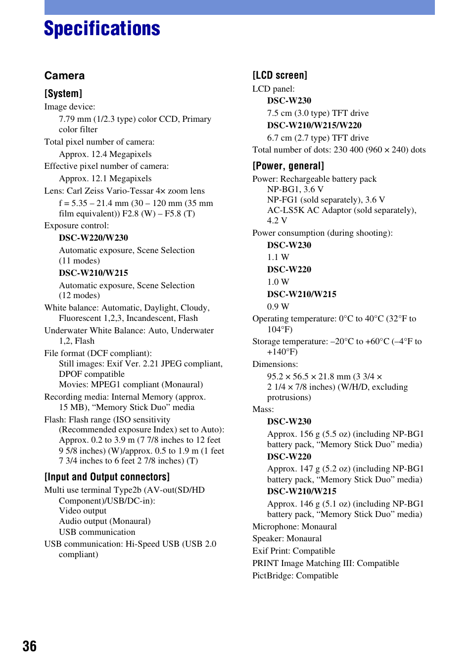 Specifications | Sony DSC-W230 User Manual | Page 36 / 80