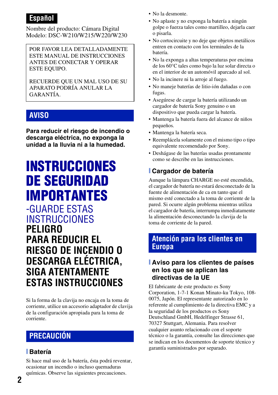 Español, Instrucciones de seguridad importantes | Sony DSC-W230 User Manual | Page 38 / 80