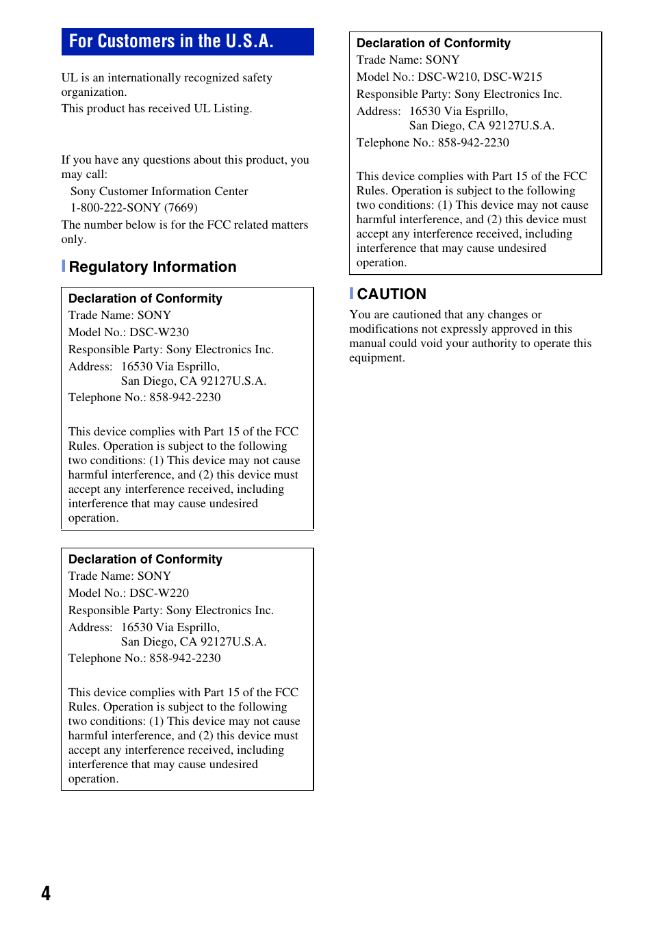 For customers in the u.s.a | Sony DSC-W230 User Manual | Page 4 / 80
