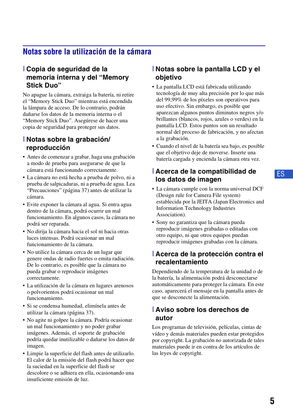 Notas sobre la utilización de la cámara | Sony DSC-W230 User Manual | Page 41 / 80
