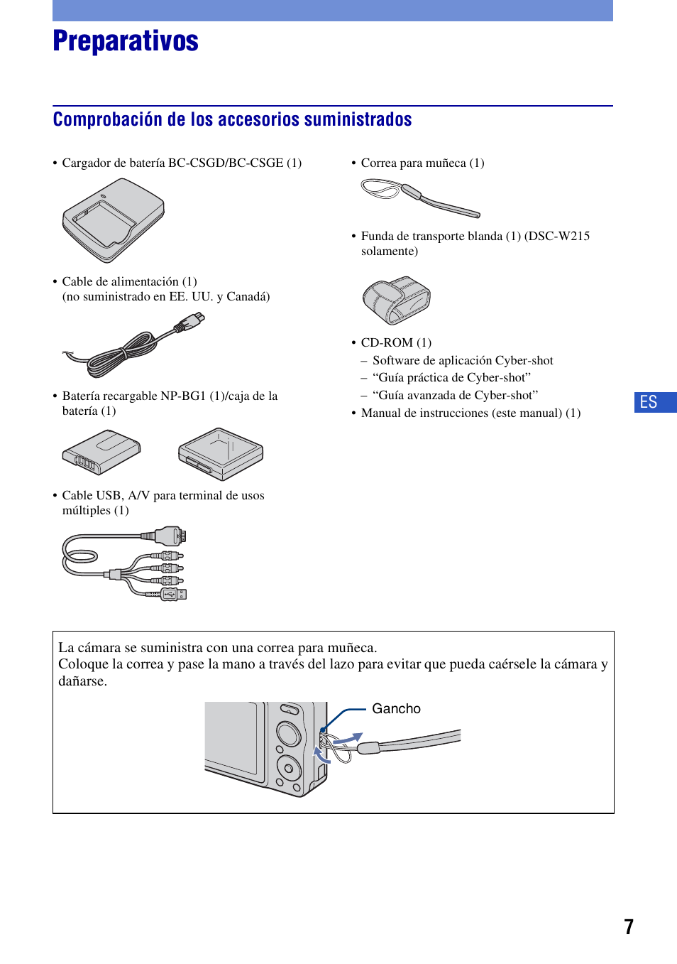 Preparativos, Comprobación de los accesorios suministrados | Sony DSC-W230 User Manual | Page 43 / 80