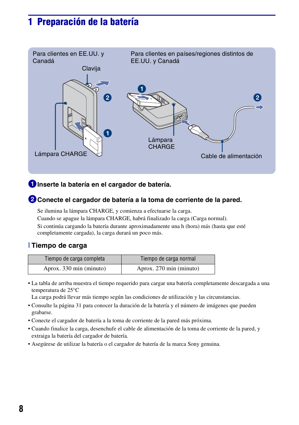 1 preparación de la batería | Sony DSC-W230 User Manual | Page 44 / 80