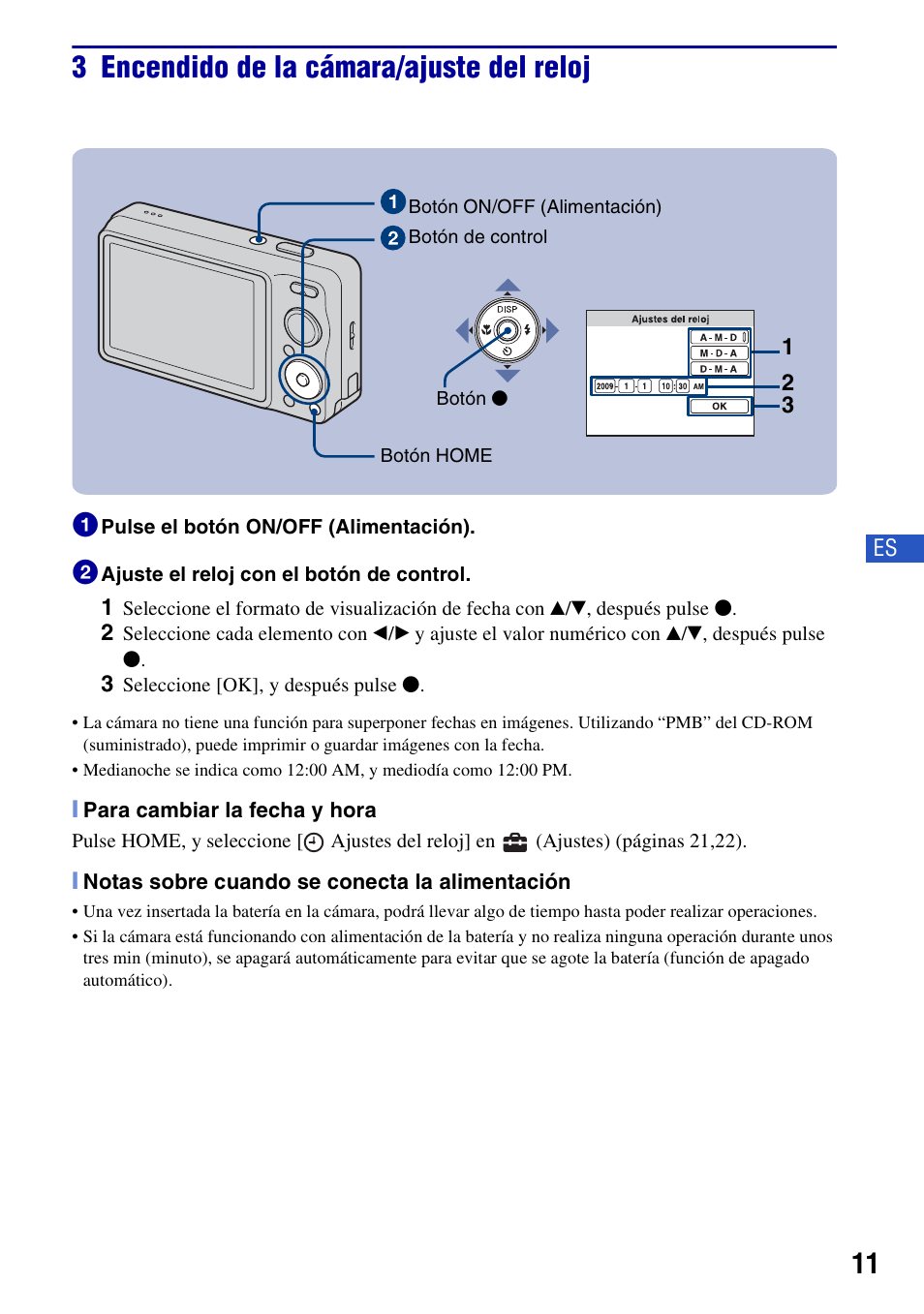 3 encendido de la cámara/ajuste del reloj | Sony DSC-W230 User Manual | Page 47 / 80