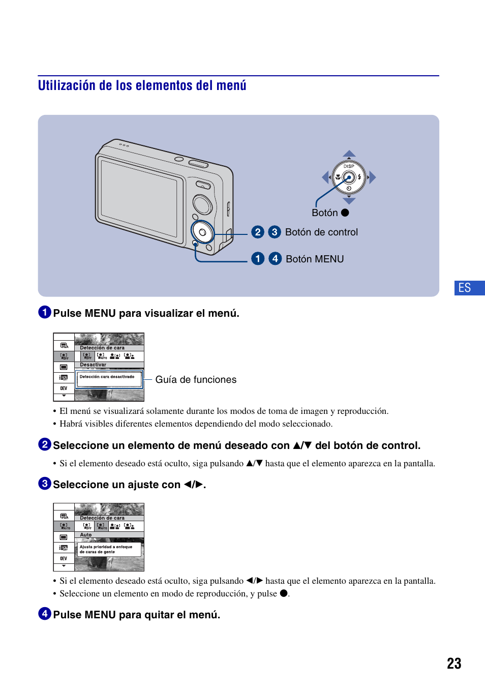 Utilización de los elementos del menú, Utilización de los elementos del menú 1 | Sony DSC-W230 User Manual | Page 59 / 80