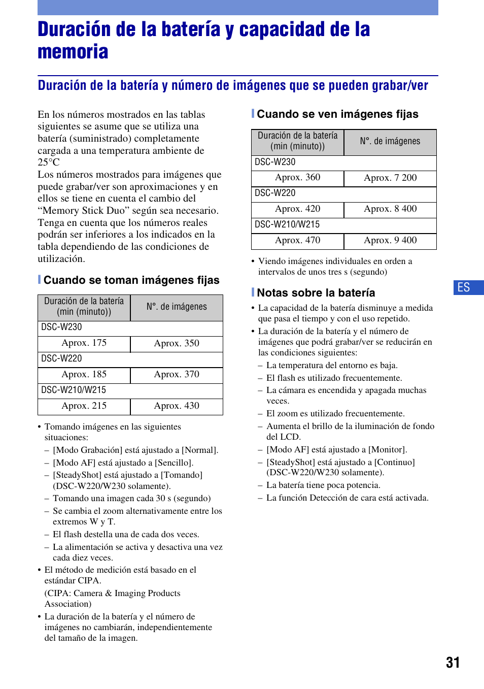 Duración de la batería y capacidad de la memoria | Sony DSC-W230 User Manual | Page 67 / 80