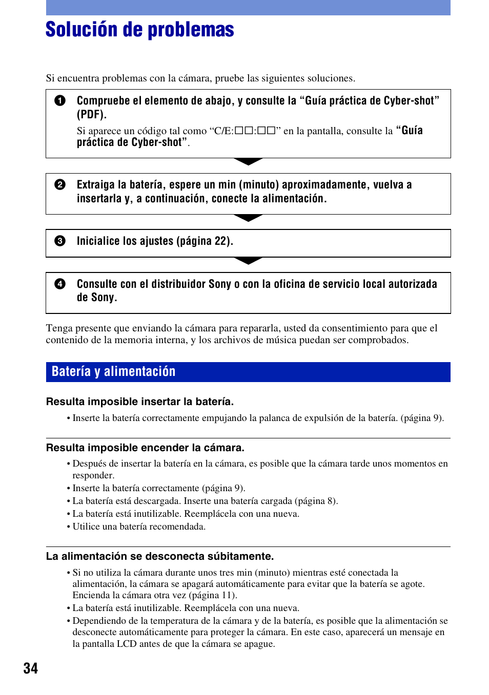 Solución de problemas, Batería y alimentación | Sony DSC-W230 User Manual | Page 70 / 80